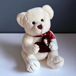 Vintage Cream 8in Sitting Bear Soft Plush Valentine Velvet Heart‎ Pink Rose T35